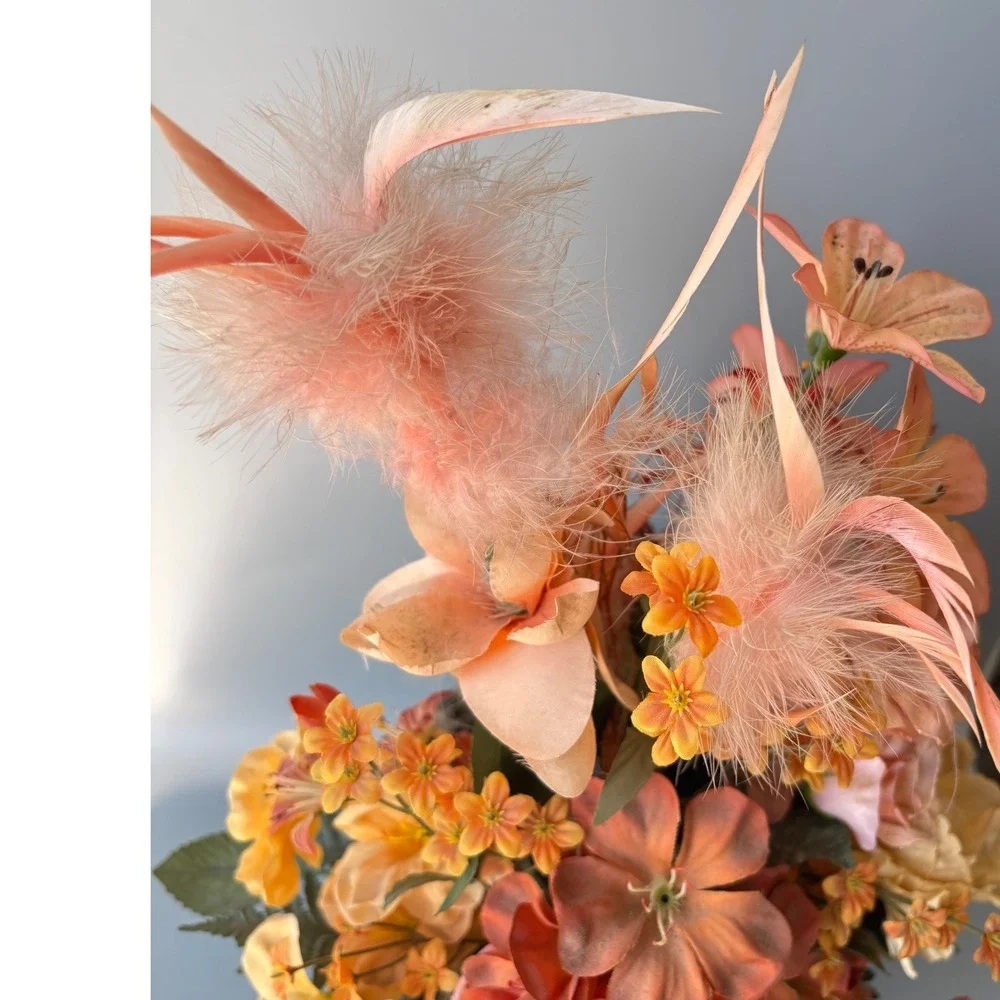 Vtg Silk Floral Arrangement Peach Feathers Roses Brass Bowl‎ Made in India 15